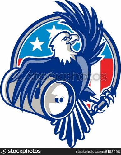Illustration of an american bald eagle carrying beer keg viewed from the side set inside circle with usa american flag stars and stripes in the background done in retro style. . American Bald Eagle Beer Keg Flag Circle Retro
