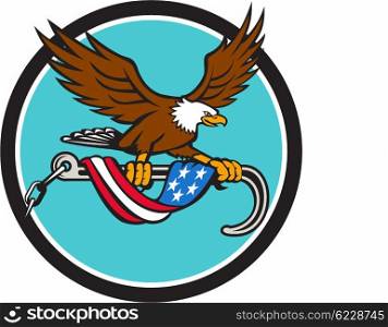Illustration of an american bald eagle clutching with its talon a towing j hook with chains draped with usa american flag set inside circle done in retro style style. . American Eagle Clutching Towing J Hook Flag Drape Circle Retro