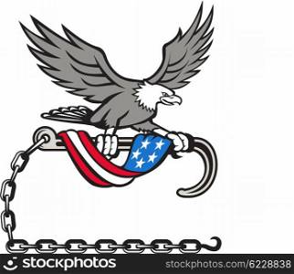 Illustration of an american bald eagle clutching with its talon a towing j hook with chains draped with usa american flag set on isolated white background done in retro style style. . American Eagle Clutching Towing J Hook Flag Drape Retro