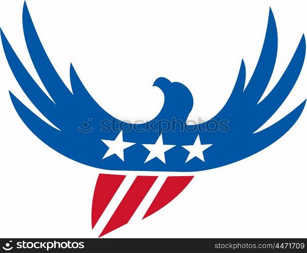 Illustration of an american bald eagle flying viewed from front with usa american stars on its wings and american stripes as its body set on isolated white background done in retro style. . American Eagle Flying USA Flag Retro
