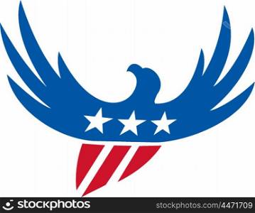 Illustration of an american bald eagle flying viewed from front with usa american stars on its wings and american stripes as its body set on isolated white background done in retro style. . American Eagle Flying USA Flag Retro