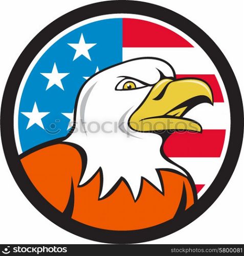 Illustration of an american bald eagle head angry looking to the side set inside circle with usa flag stars and stripes in the background done in cartoon style. . American Bald Eagle Head Angry Flag Circle Cartoon