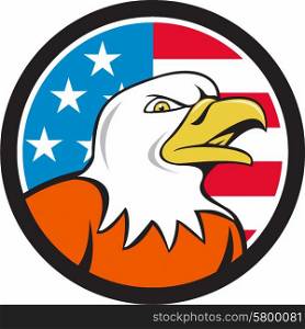 Illustration of an american bald eagle head angry looking to the side set inside circle with usa flag stars and stripes in the background done in cartoon style. . American Bald Eagle Head Angry Flag Circle Cartoon
