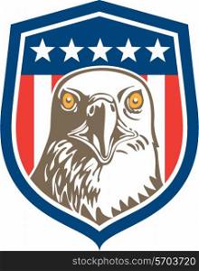 Illustration of an american bald eagle head facing front set inside shield crest with usa stars and stripes flag in the background done in retro style.. American Bald Eagle Head Stars Shield Retro