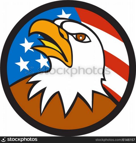 Illustration of an american bald eagle head looking up viewed from side set inside circle with usa flag stars and stripes in the background done in cartoon style. . American Bald Eagle Head Looking Up Flag Circle Cartoon