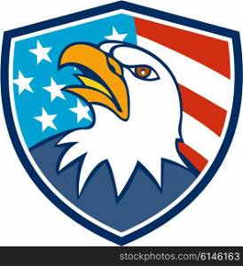 Illustration of an american bald eagle head looking up viewed from side set inside shield crest with usa flag stars and stripes in the background done in cartoon style. . American Bald Eagle Head Looking Up Flag Crest Cartoon