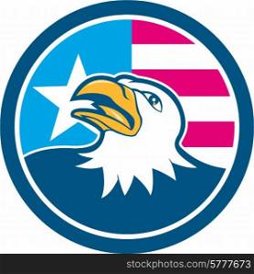 Illustration of an american bald eagle head looking up viewed from the side with american stars and stripes flag in the background set inside circle done in cartoon style. . American Bald Eagle Head Flag Side Cartoon