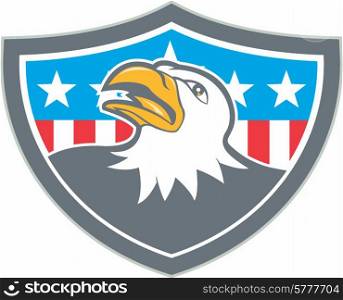 Illustration of an american bald eagle head looking up viewed from the side with american stars and stripes flag in the background set inside shield crest done in cartoon style. . American Bald Eagle Head Flag Shield Cartoon