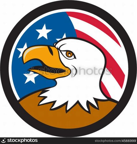 Illustration of an american bald eagle head smiling viewed from the side with usa american stars and stripes flag in the background set inside circle done in cartoon style. . Bald Eagle Head Smiling USA Flag Circle Cartoon