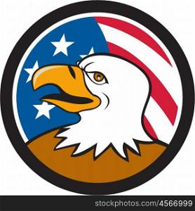 Illustration of an american bald eagle head smiling viewed from the side with usa american stars and stripes flag in the background set inside circle done in cartoon style. . Bald Eagle Head Smiling USA Flag Circle Cartoon