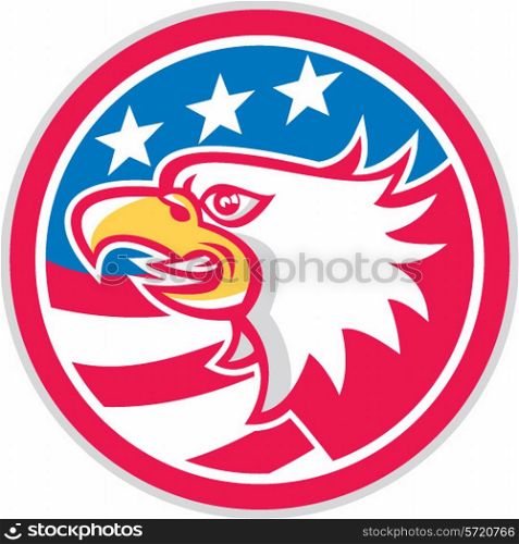 Illustration of an american bald eagle head viewed from the side with american stars and stripes set inside circle done in retro style.. American Bald Eagle Head Flag Circle Retro