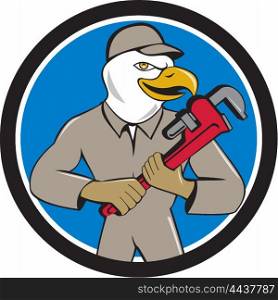 Illustration of an american bald eagle plumber holding monkey wrench looking to the side set inside circle done in cartoon style. . Bald Eagle Plumber Monkey Wrench Circle Cartoon
