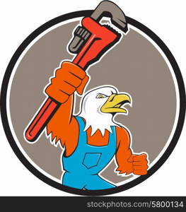 Illustration of an american bald eagle plumber holding monkey wrench looking to the side set inside circle done in cartoon style. . Bald Eagle Plumber Monkey Wrench Circle Cartoon