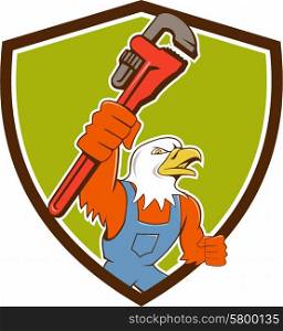 Illustration of an american bald eagle plumber holding monkey wrench looking to the side set inside shield crest done in cartoon style. . Bald Eagle Plumber Monkey Wrench Crest Cartoon