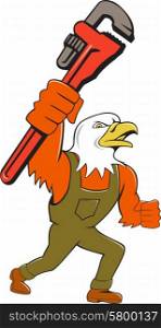 Illustration of an american bald eagle plumber holding monkey wrench looking to the side set on isolated white background done in cartoon style. . Bald Eagle Plumber Monkey Wrench Cartoon