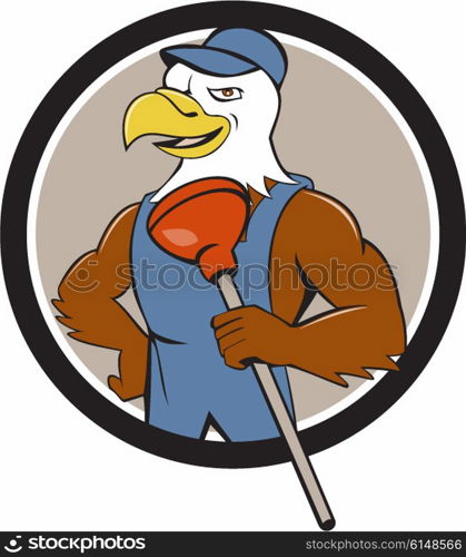 Illustration of an american bald eagle plumber wearing overalls and hat holding plunger with one hand on hips looking to the side set inside circle done in cartoon style. . Bald Eagle Plumber Plunger Circle Cartoon