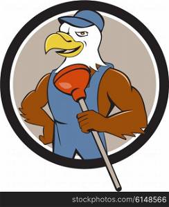 Illustration of an american bald eagle plumber wearing overalls and hat holding plunger with one hand on hips looking to the side set inside circle done in cartoon style. . Bald Eagle Plumber Plunger Circle Cartoon