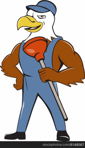 Illustration of an american bald eagle plumber wearing overalls and hat standing looking to the side holding plunger with one hand on hips set on isolated white background done in cartoon style.