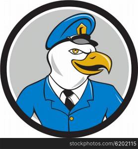 Illustration of an american bald eagle policeman looking to the side set inside circle on isolated background done in cartoon style. . Bald Eagle Policeman Circle Cartoon