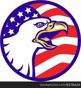 illustration of an American Bald eagle screaming with United States stars and stripe flag set inside circle. American Bald eagle screaming with USA flag