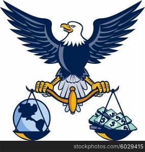 Illustration of an American bald eagle spread wings holding weighing scale with planet earth on one side and cash money bills on the other set on isolated white background done in retro style. . Bald Eagle Hold Scales Earth Money Retro