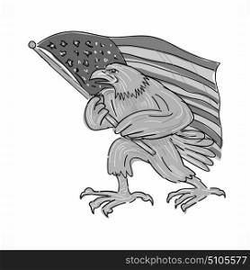 Illustration of an American Bald Eagle Waving USA stars and stripes Flag done in Cartoon style.. American Eagle Waving USA Flag Cartoon