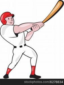 Illustration of an american baseball player batter hitter batting swinging bat done in cartoon style isolated on white background.. Baseball Player Swinging Bat Cartoon