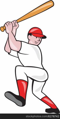 Illustration of an american baseball player batter hitter batting with bat done in cartoon style isolated on white background.. Baseball Player Batting Isolated Full Cartoon