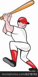Illustration of an american baseball player batter hitter batting with bat done in cartoon style isolated on white background.. Baseball Player Batting Isolated Full Cartoon