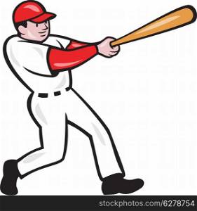 Illustration of an american baseball player batter hitter batting with bat done in cartoon style isolated on white background.. Baseball Player Batting Isolated Cartoon