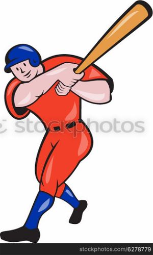 Illustration of an american baseball player batter hitter batting with bat done in cartoon style isolated on white background.. Baseball Hitter Batting Red Isolated Cartoon