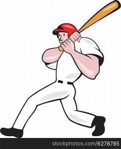 Illustration of an american baseball player batter hitter batting with bat done in cartoon style isolated on white background.. Baseball Player Batting Look Side Isolated Cartoon