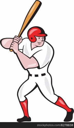 Illustration of an american baseball player batter hitter batting with bat done in cartoon style isolated on white background.. Baseball Player Batting Side Isolated Cartoon