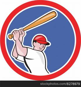 Illustration of an american baseball player batter hitter batting with bat done in cartoon style isolated on white background set inside circle. Baseball Player Batting Circle Cartoon