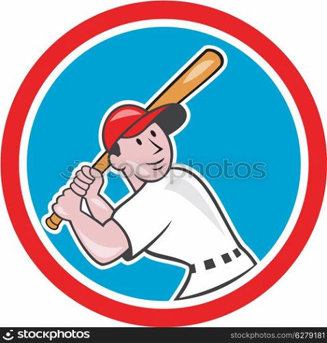 Illustration of an american baseball player batter hitter batting with bat looking up set inside circle done in cartoon style isolated on white background.. Baseball Player Batting Looking Up Circle Cartoon