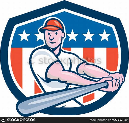 Illustration of an american baseball player batter hitter batting with bat set inside shield crest with stars and stripes flag in the background done in cartoon style.