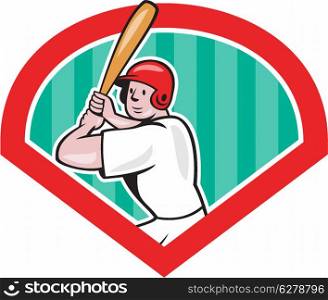 Illustration of an american baseball player batter hitter batting with bat set inside diamond done in cartoon style isolated on white background.. Baseball Player Batting Diamond Cartoon