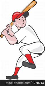 Illustration of an american baseball player batter hitter batting with one leg up done in cartoon style isolated on white background.. Baseball Player Batting Leg Up Cartoon