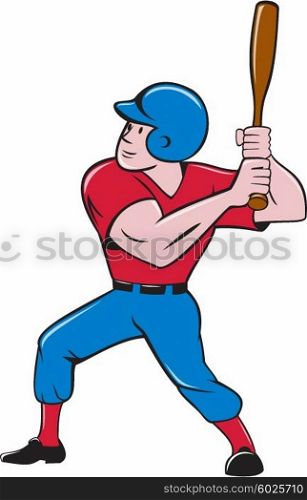 Illustration of an american baseball player batter hitter holding bat batting viewed from the side set on isolated white background done in cartoon style.. Baseball Player Batting Isolated Cartoon