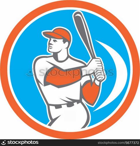 Illustration of an american baseball player batter hitter holding bat set inside circle on isolated background done in retro style. . Baseball Batter Hitter Bat Circle Retro