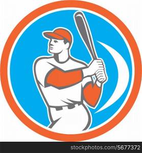 Illustration of an american baseball player batter hitter holding bat set inside circle on isolated background done in retro style. . Baseball Batter Hitter Bat Circle Retro