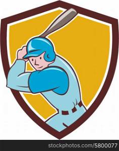 Illustration of an american baseball player batter hitter with bat batting set inside shield crest done in cartoon style isolated on background.. Baseball Player Batting Shield Cartoon