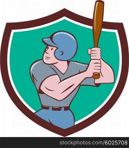 Illustration of an american baseball player batter hitter with bat batting set inside shield crest done in cartoon style isolated on background.. Baseball Player Batting Crest Cartoon