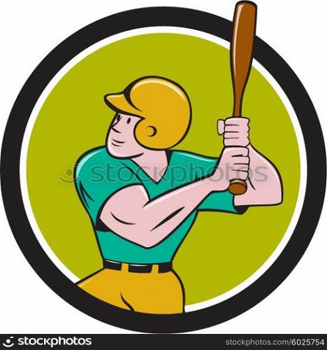 Illustration of an american baseball player batter hitter with bat batting set inside circle done in cartoon style isolated on background.. Baseball Player Batting Circle Cartoon