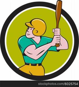 Illustration of an american baseball player batter hitter with bat batting set inside circle done in cartoon style isolated on background.. Baseball Player Batting Circle Cartoon
