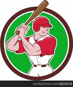 Illustration of an american baseball player batter hitter with bat batting stance viewed from side set inside circle done in cartoon style isolated on background.. Baseball Player Batting Stance Circle Cartoon