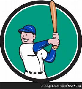 Illustration of an american baseball player batter hitter with bat batting stance viewed from side set inside circle done in cartoon style isolated on background.. Baseball Player Batting Stance Circle Cartoon