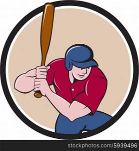 Illustration of an american baseball player batter hitter with bat batting viewed from high angle set inside circle done in cartoon style isolated on background.. Baseball Player Batting Circle Cartoon