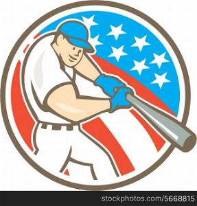 Illustration of an american baseball player batting set inside circle with stars and stripes in the background done in cartoon style.. American Baseball Player Batting Circle Cartoon