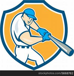 Illustration of an american baseball player batting set inside shield crest on isolated background done in cartoon style.. American Baseball Player Batting Shield Cartoon